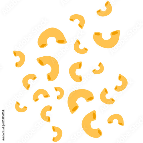 Vector illustration of scattered elbow macaroni pasta isolated on a white background. Flat design graphic element for cooking and food concepts.