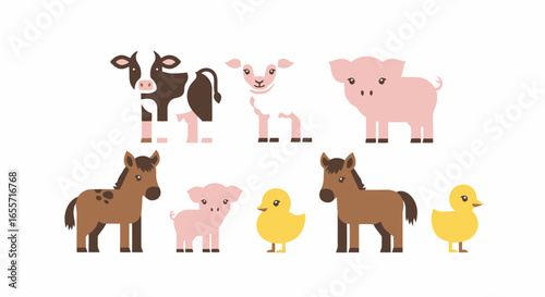 Cute and Playful Farm Animals Illustration Featuring a Cow, Sheep, Pig, Horse and Duck, Perfect for Children's Books, Educational Materials, and Farm-Themed Designs