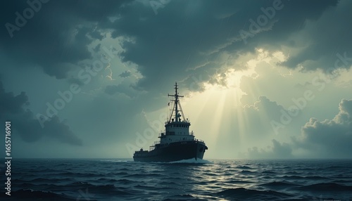 A large tugboat navigates a vast ocean beneath a dramatic, cloudy sky, bathed in the soft light of a penetrating sunbeam.