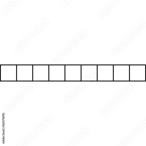 Ten empty squares in a horizontal line, a blank comic strip panel layout or storyboard template for creative projects.