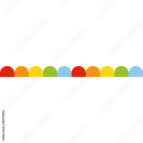 Abstract geometric border with repeating rainbow colored semi-circles. Minimalist and modern vector background design element on a white backdrop.