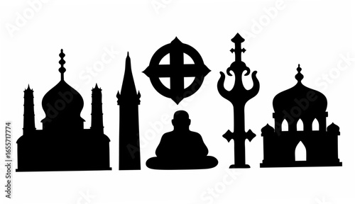 Silhouette of religious symbols including mosque, church, celtic cross, buddha and christian cross