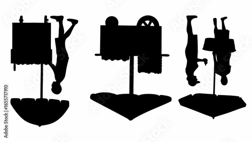 Three silhouettes showing upside down people performing magic tricks with tables and cloths in black and white