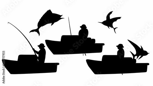 Silhouette of three boats with fishermen and marlin fish jumping out of the water on a white background