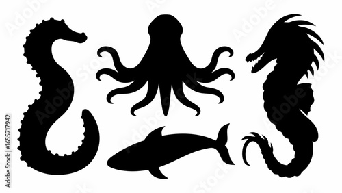 Silhouetted sea creatures including seahorses, an octopus, and a shark swimming in the ocean water
