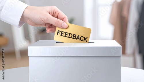 Hand placing a feedback card into a suggestion box in a bright office setting
