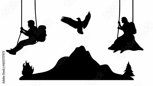 Silhouette of people on rope swings, eagle, mountain, fire, and tree creating a nature scene