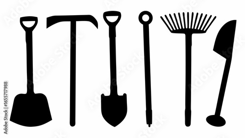 Silhouette illustration of various gardening tools including shovel rake and hoe in black and white style