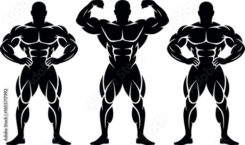 Three silhouetted bodybuilders displaying muscular definition and strength poses