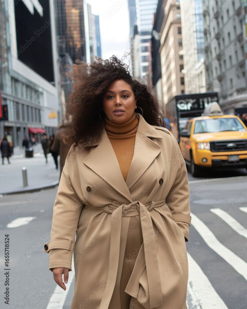 Fototapeta premium Confident plus size model is strolling through the bustling streets of new york city. Showcasing her impeccable style in a trendy trench coat and turtleneck. Embodying urban chic and body positivity