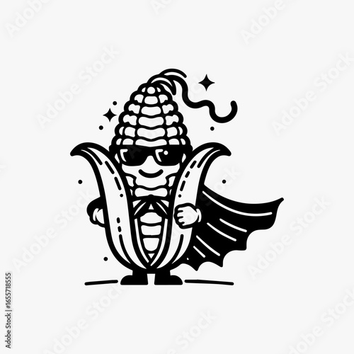 Cool Corn Superhero Cartoon Corn Cob with Sunglasses and Cape.