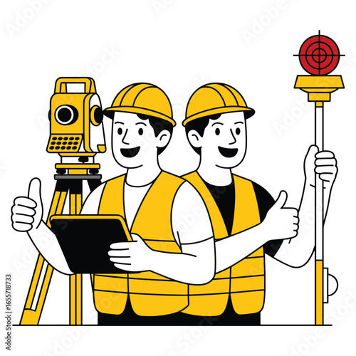 Two Cheerful Surveyors with Equipment