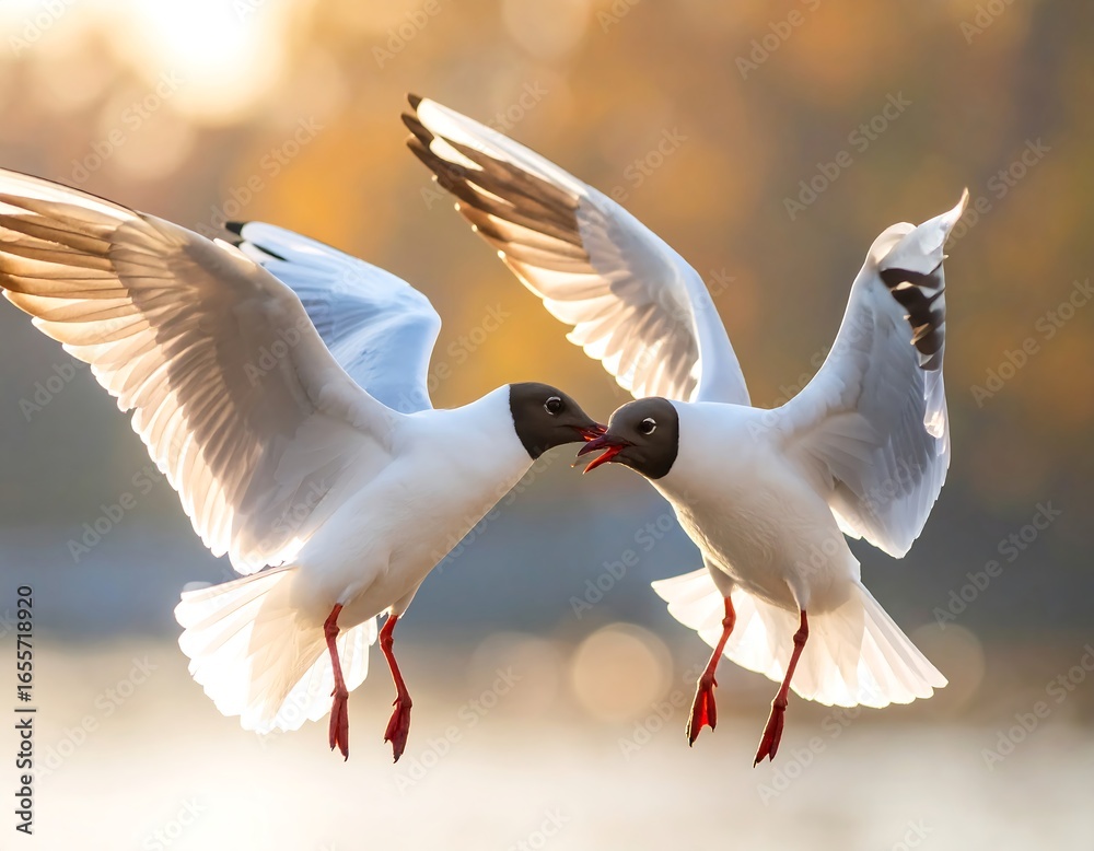 Obraz premium Two gulls in flight, facing each other