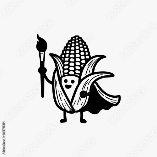 Cute Cartoon Corn with a Paintbrush Torch.