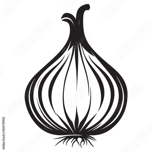 Onion silhouette drawing, vegetable line art, root food vector, minimal kitchen icon, botanical illustration design 
