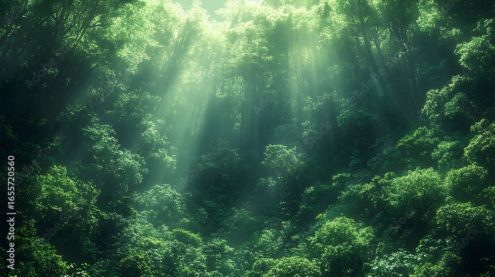 Obraz premium Sunlight Piercing Dense Forest Canopy, Creating Dramatic Light B