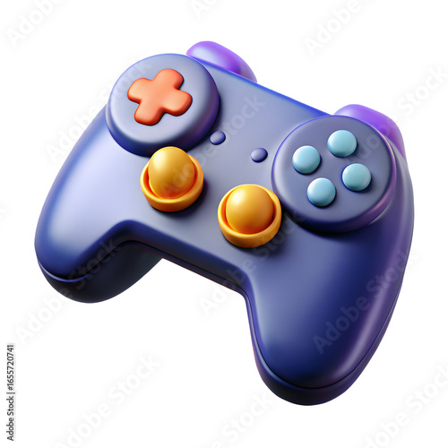 Modern 3d rendered video game controller with purple and orange accents