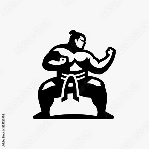 Powerful Sumo Wrestler in a Fighting Stance Black and White Illustration.