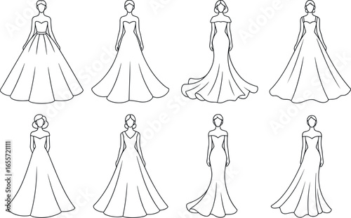 Elegant bridal gown sketches featuring diverse silhouettes and intricate details for wedding inspiration