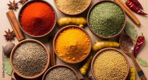 A vibrant assortment of earthy spices arranged in rustic bowls, showcasing a rich color palette that evokes warmth, culinary artistry, and the essence of global flavors and aromatic profiles