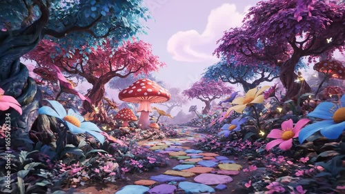Enchanting Wonderland Path - A whimsical path winds through a vibrant fantasy forest, adorned with colorful flowers, whimsical trees, and giant mushrooms.