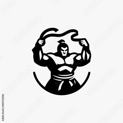 Powerful Sumo Wrestler Silhouette with Raised Ribbon and Traditional Mawashi.