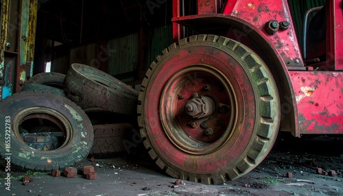 Rusted forklift tire in a derelict factory