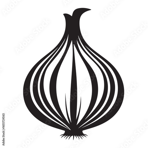 Onion silhouette drawing, vegetable line art, root food vector, minimal kitchen icon, botanical illustration design 