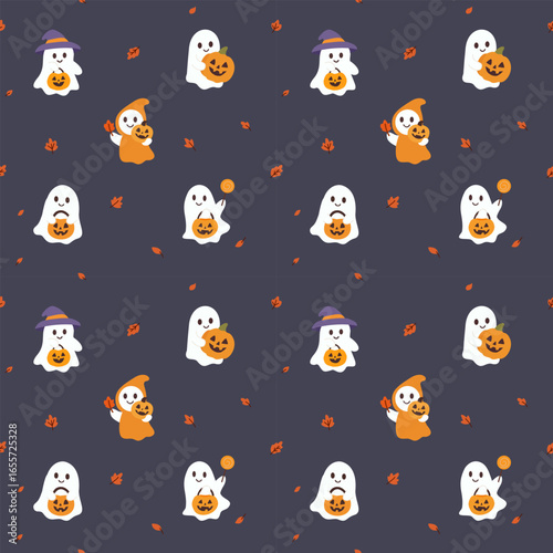 Cute Halloween themed cartoon pattern arranged in a continuous pattern, small white ghost, carved pumpkin, purple witch hat, giving a bright, warm and lovely feeling, suitable for designing