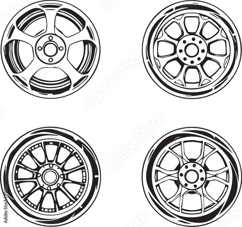 Set of Custom Car Wheel Rims Line Art
