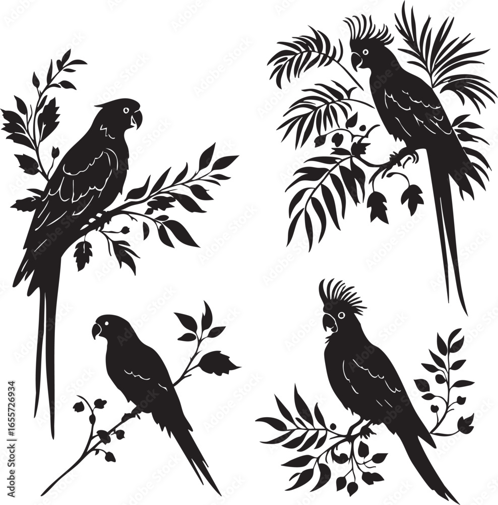 Fototapeta premium Four Parrot Silhouettes on Branches with Leaves 