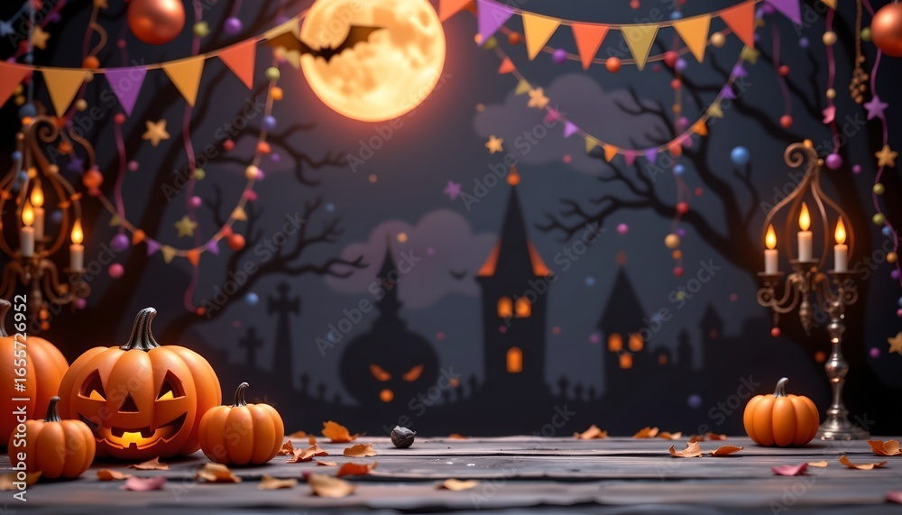Fototapeta premium A festive Halloween scene with a spooky ambiance. A table set for a celebration is adorned with pumpkins, cobwebs, and a sign that reads 