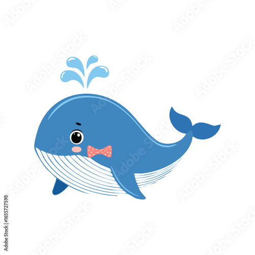 flat vector Cute Blue Whale with Bow Tie