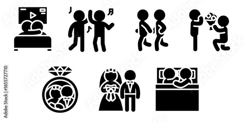 Couple motion icon set. Solid style. Outline vector set of dance, wedding, date and more