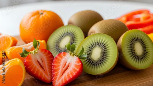 Vibrant Display of Kiwis Oranges Strawberries and Bell Peppers on Wooden Board in Bright Studio Lighting