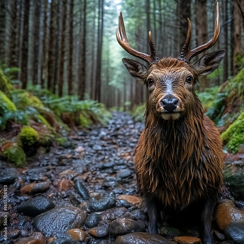 Fototapeta premium Wet deer in a forest path.