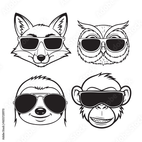 Vector art of four animals wearing sunglasses, including a fox, an owl, a sloth, and a monkey, exuding a sense of coolness