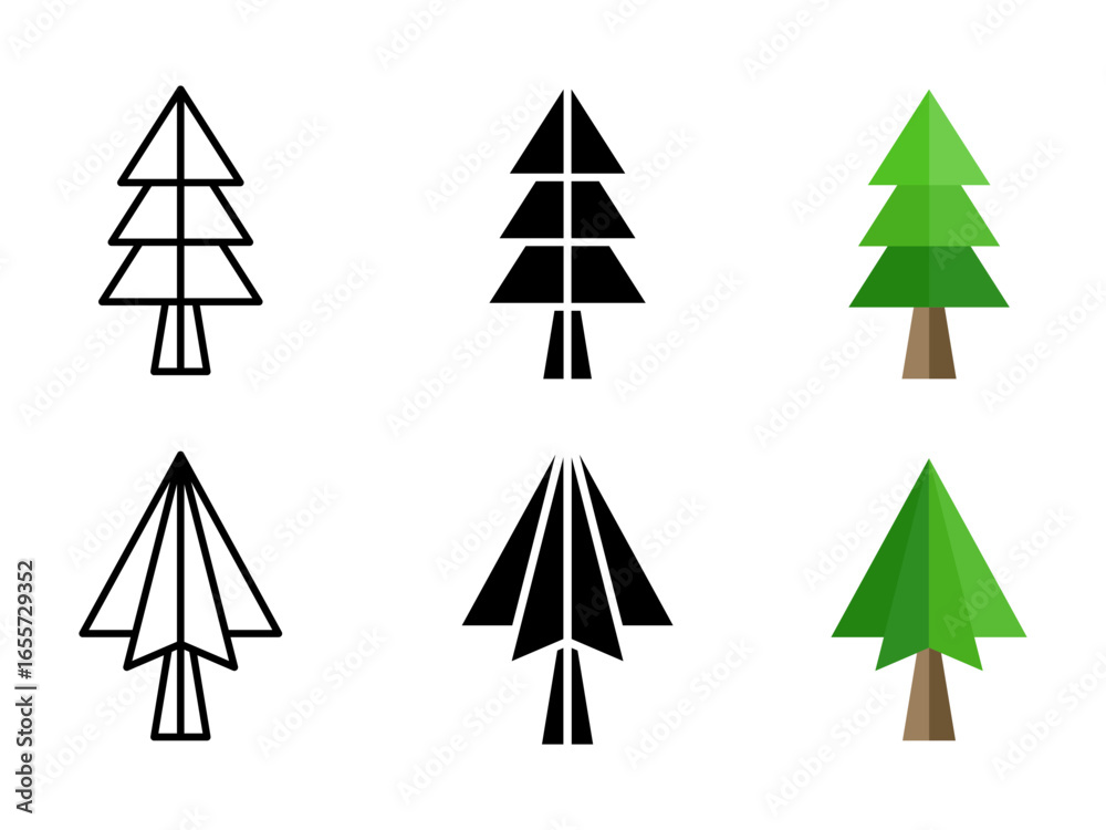 Fototapeta premium Tree icon set. This is a set of minimalist pine tree illustration in various styles. Perfect for christmas and winter season themes. Available in outline, solid, and colored styles.