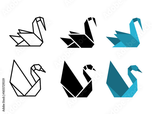 Swan icon set. A set of swan origami illustrations in minimalist line, solid black, and blue color styles. Perfect for logo design, icon sets, and modern graphic elements.