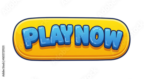 Cartoon Play Now Button with Blue Text and Yellow Background