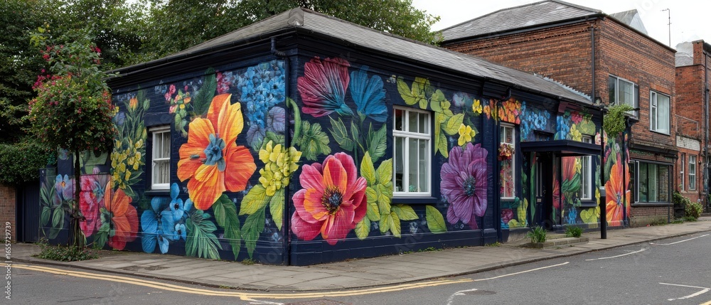 Fototapeta premium Colorful floral mural adorns a small building