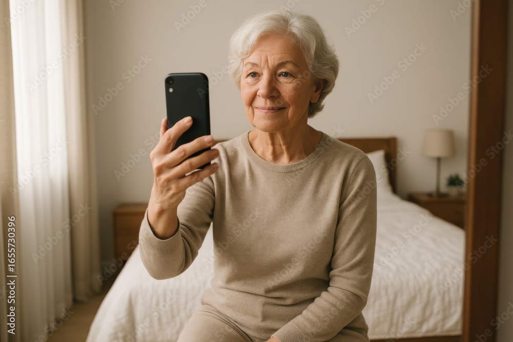 Elderly woman smiling while taking selfie in bedroom with sunlight Elderly woman smiling while taking selfie in bedroom with sunlight
