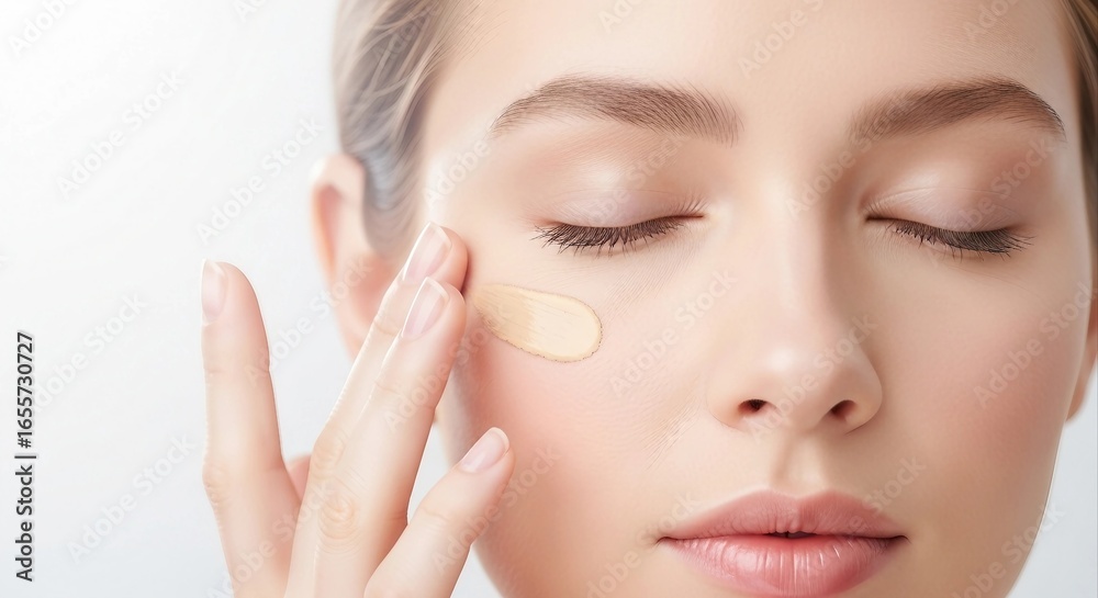 Woman Applying Foundation on Face | Beauty Portrait for Makeup Tutorials and Cosmetics Advertising Woman Applying Foundation on Face | Beauty Portrait for Makeup Tutorials and Cosmetics Advertising