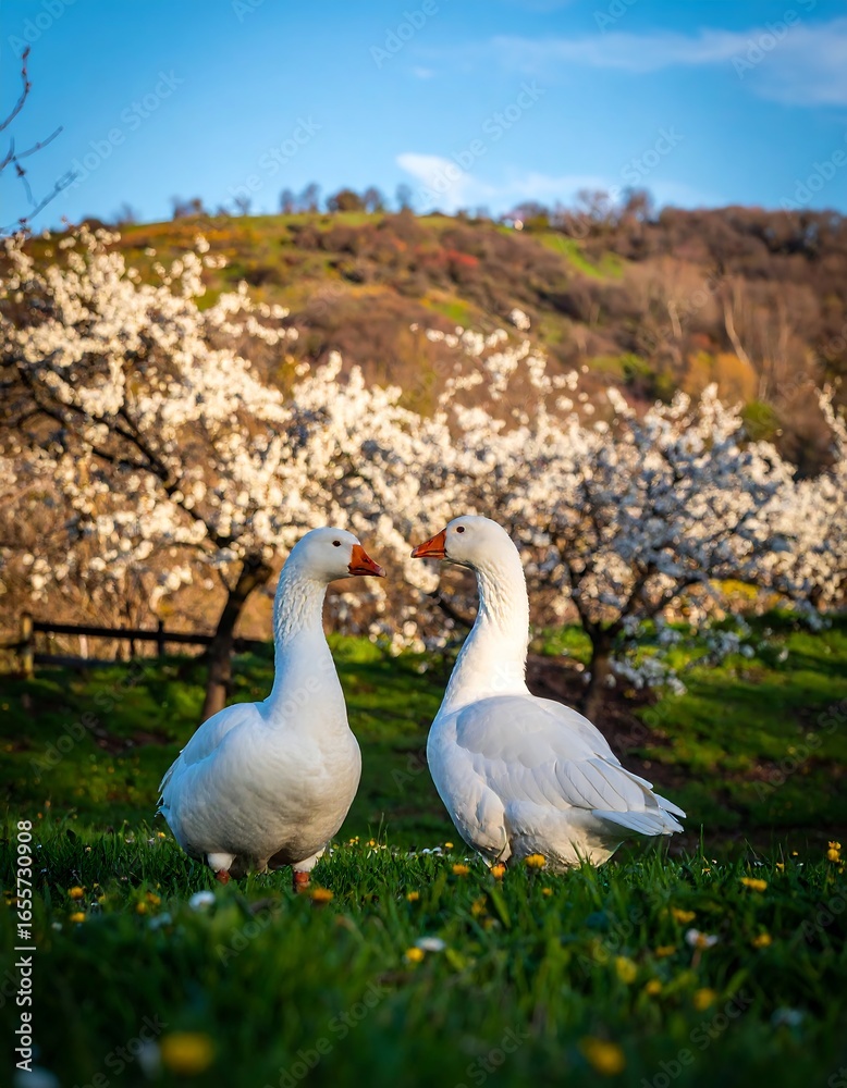 Obraz premium Two white geese face each other in a blossoming orchard at sunrise