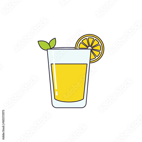 Glass of fresh lemonade with a lemon slice and mint leaf garnish. A refreshing summer cold drink icon in a simple flat line art style isolated on white.
