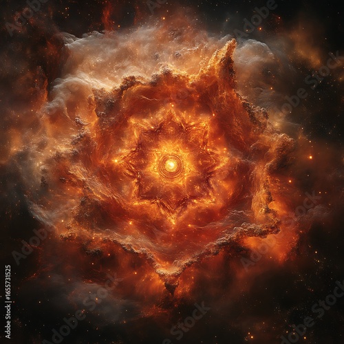 A swirling, ornate design in fiery hues across the cosmos.