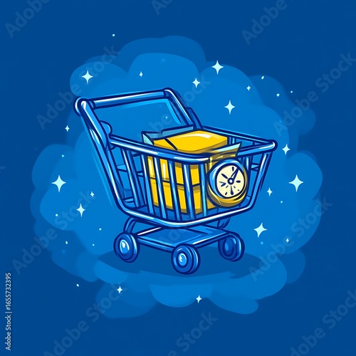 Shopping cart with a box and a clock.