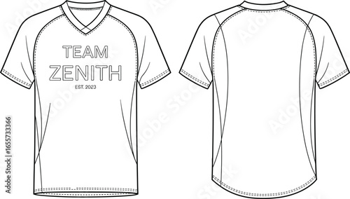 Vector flat sketch of men sports t-shirt with raglan sleeves, v-neck design, front and back view