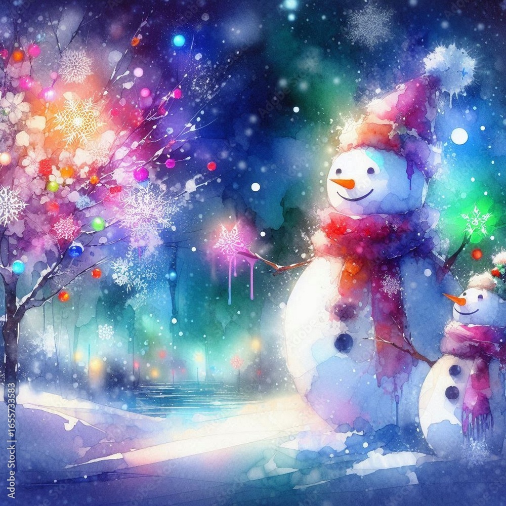 Obraz premium Whimsical Watercolor Snowmen: Festive Winter Wonderland, Magical Christmas Lights