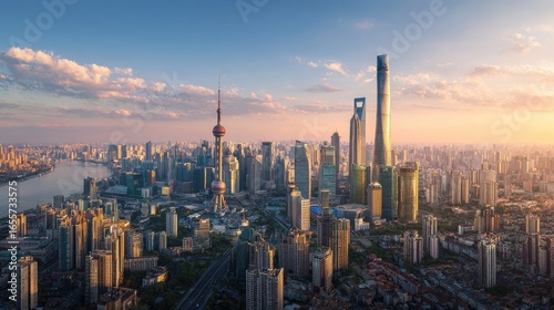 aerial view of modern city skyline and buildings at sunrise in shanghai no logos no brands ar 169